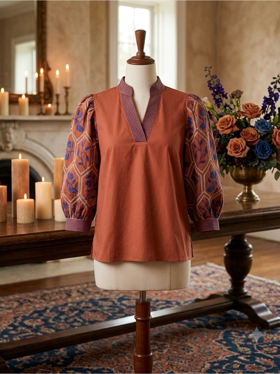 entro Tops - entro Rust Orange Puff-Sleeve Embroidered Blouse